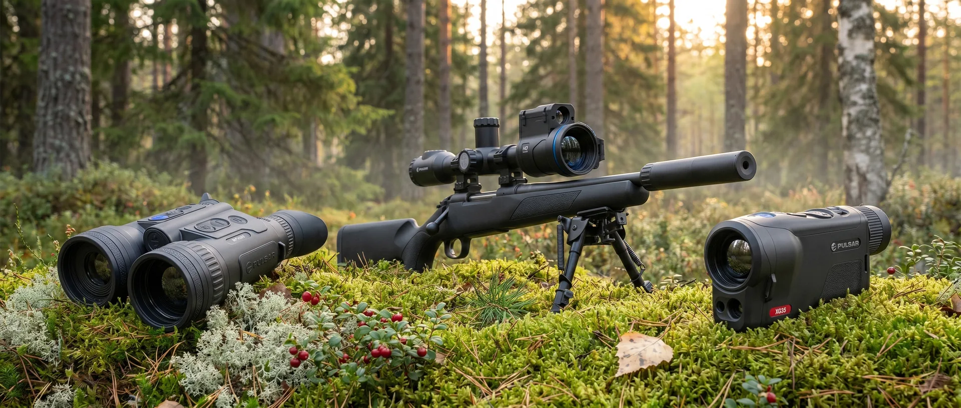 Pulsar Merger LRF XL50, Thermion 2 LRF XL60 á rifli og Oryx LRF XG35 í íslensku skógarlandslagi
