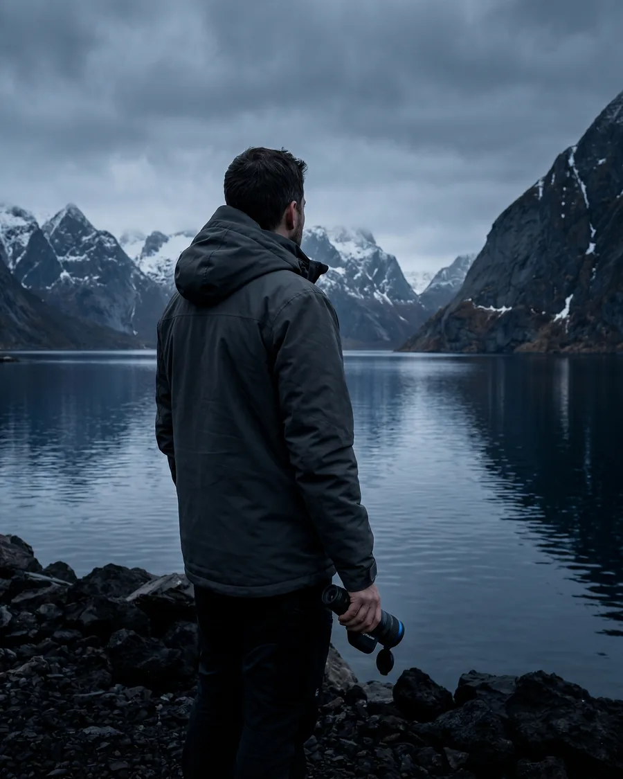 Maður á svörtum klettaströnd við íslenskan fjörð — veiði og útivist